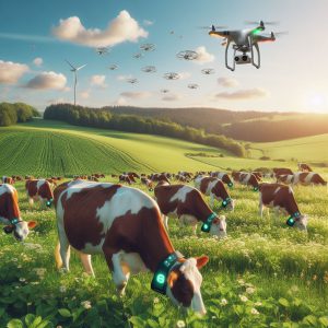 این تصویری از یک مزرعه با گاوها می باشد که گردنبند هوشمند گاو در این عکس دیده می شود.